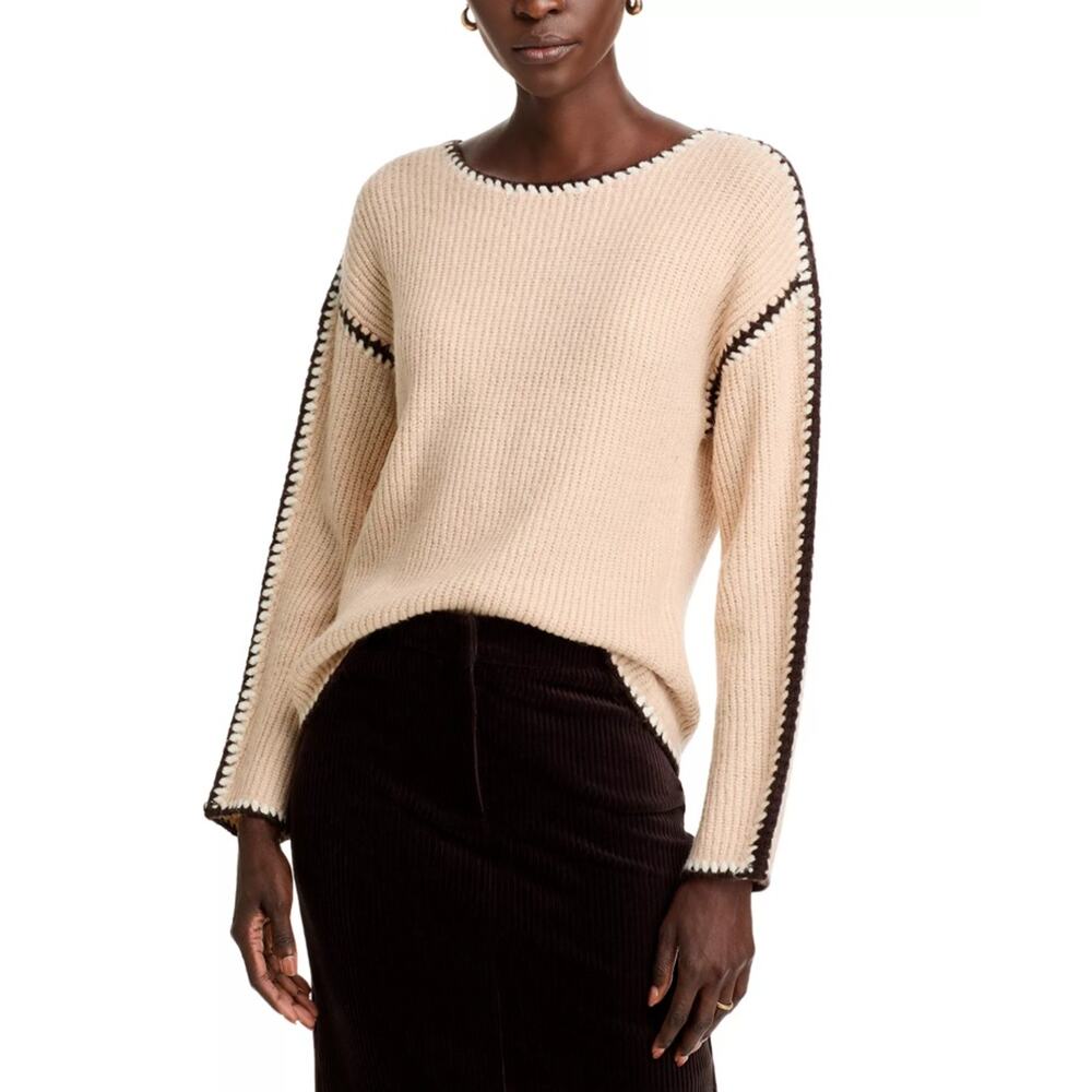 Single Thread Women Ivory Contrast Trim Knit Casual Relaxed Sweater Size XS